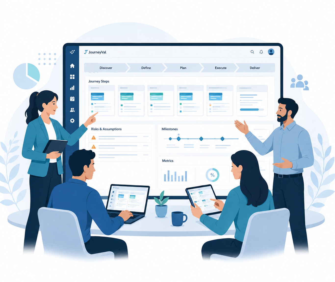 Team collaborating around a shared digital workflow